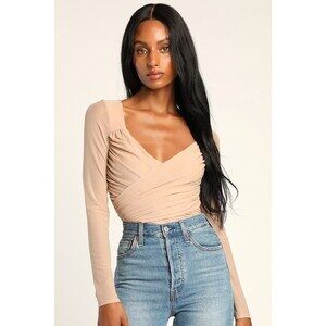 Sheer Confidence Beige Mesh Ruched Long Sleeve Bodysuit